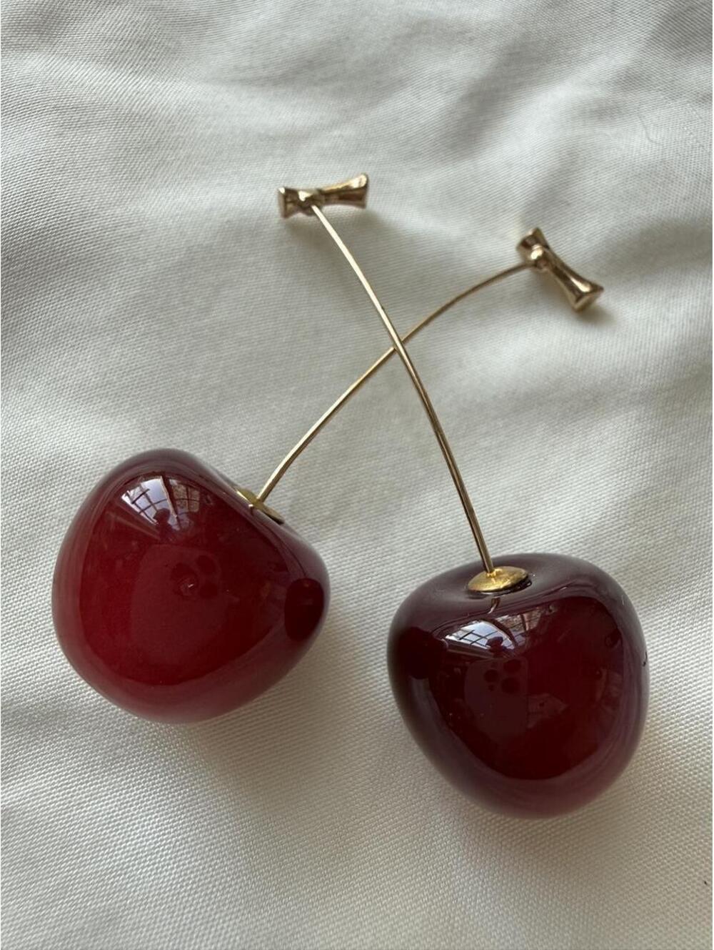 Red Cherry Front Back Earrings Long Gold Tone Drops